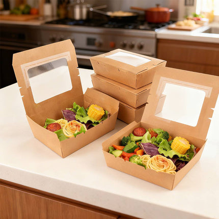 50pcs 700/900ml Brown Kraft Single Window Lunch Food Takeaway Packaging Service
