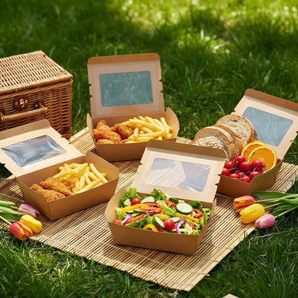50pcs 700/900ml Brown Kraft Single Window Lunch Food Takeaway Packaging Service