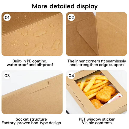 50pcs 700/900ml Brown Kraft Single Window Lunch Food Takeaway Packaging Service