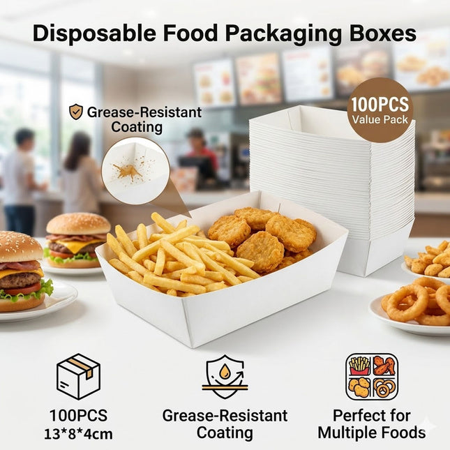 100 Pack Disposable Food Trays Grease Resistant Paper Boats for Snacks Takeaway