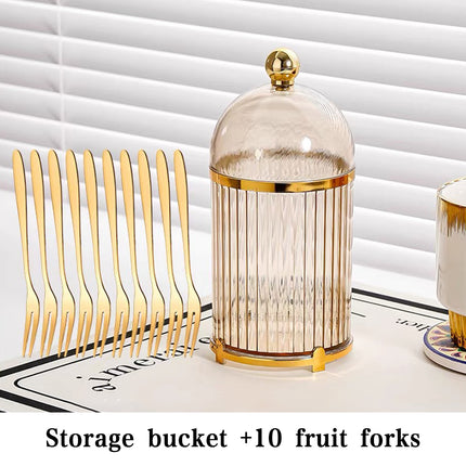 10PCS Stainless Steel Fruit Forks Gold Portable Dessert Cake Tableware Set