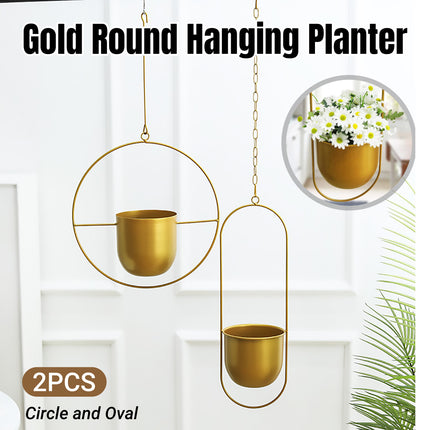 2pcs Gold Iron Hanging Planter Circle Oval Flower Pot for Indoor Outdoor Decor