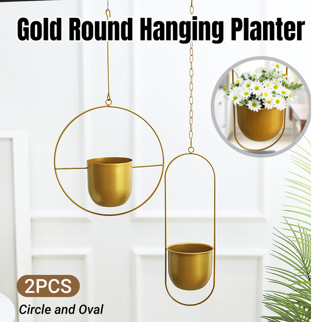 2pcs Gold Iron Hanging Planter Circle Oval Flower Pot for Indoor Outdoor Decor