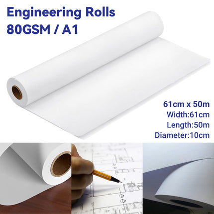 A1 Engineering Drawing Paper Rolls 80gsm 61cm x 50m for Architects Students Use