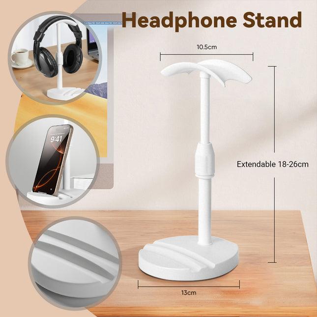 Adjustable Height 18 to 26cm Headphone Stand White Stable for Gaming Desk Use