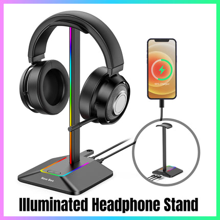 Dual Output RGB Headphone Stand Holder for Gaming PC Desk with USB Hub