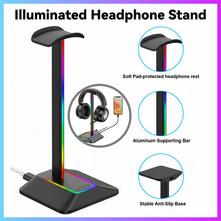 Dual Output RGB Headphone Stand Holder for Gaming PC Desk with USB Hub