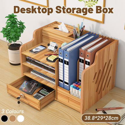 Wooden Desktop Storage Box with Locking Drawer Space Saving for Home Office Use