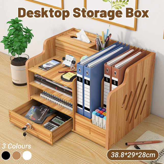 Wooden Desktop Storage Box with Locking Drawer Space Saving for Home Office Use