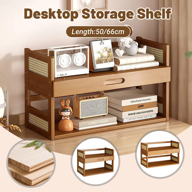 2 Tier Bamboo Desktop Storage Shelf with Drawer Rattan Side Home Office Bedroom