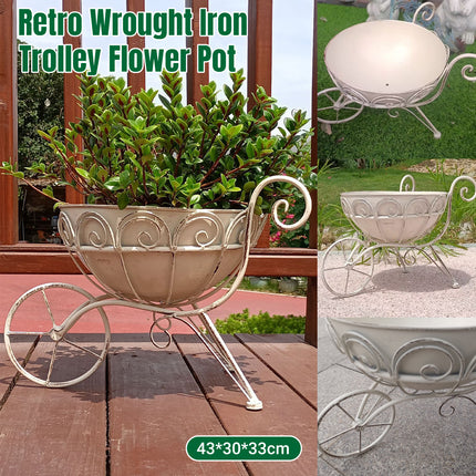 Retro Wrought Iron Trolley Flower Pot Holder 43 x 30 x 33cm Vintage Garden Decor