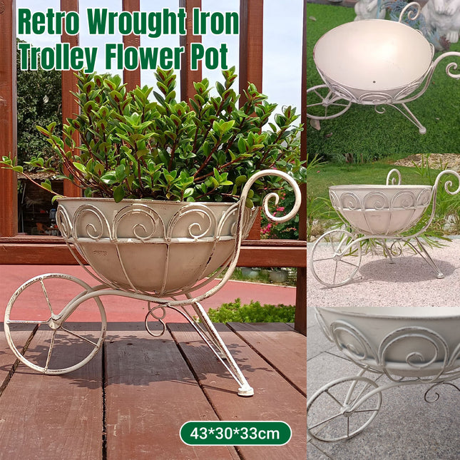 Retro Wrought Iron Trolley Flower Pot Holder 43 x 30 x 33cm Vintage Garden Decor