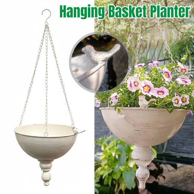 Wrought Iron Hanging Basket Planter White Vintage Bird Detail 25cm Bowl