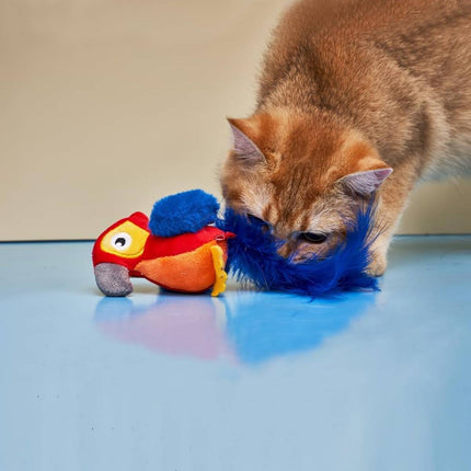 Motion Activated Parrot Cat Toy Plush with Feather Tail Realistic Animal Sound