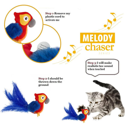Motion Activated Parrot Cat Toy Plush with Feather Tail Realistic Animal Sound