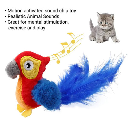 Motion Activated Parrot Cat Toy Plush with Feather Tail Realistic Animal Sound
