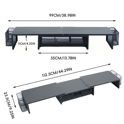 Dual Monitor Stand Extendable 98-112.5cm Black Metal Mesh Drawer Side Baskets