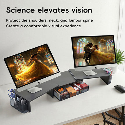 Dual Monitor Stand Extendable 98-112.5cm Black Metal Mesh Drawer Side Baskets