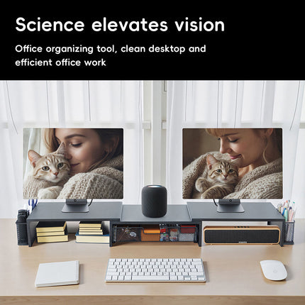 Dual Monitor Stand Extendable 98-112.5cm Black Metal Mesh Drawer Side Baskets