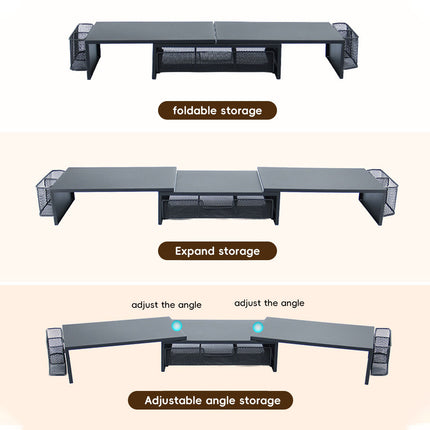 Dual Monitor Stand Extendable 98-112.5cm Black Metal Mesh Drawer Side Baskets