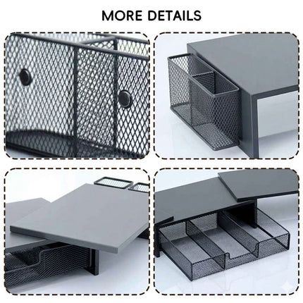 Dual Monitor Stand Extendable 98-112.5cm Black Metal Mesh Drawer Side Baskets