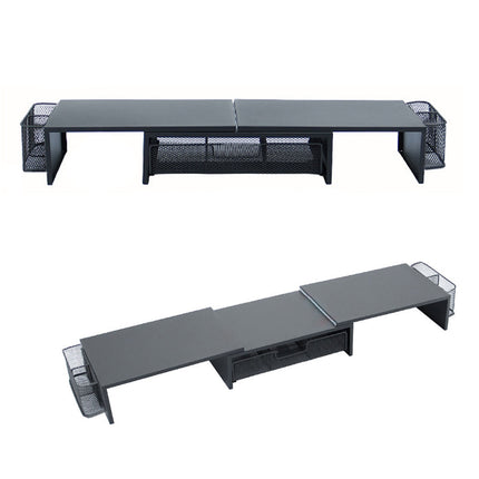 Dual Monitor Stand Extendable 98-112.5cm Black Metal Mesh Drawer Side Baskets