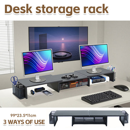 Dual Monitor Stand Extendable 98-112.5cm Black Metal Mesh Drawer Side Baskets