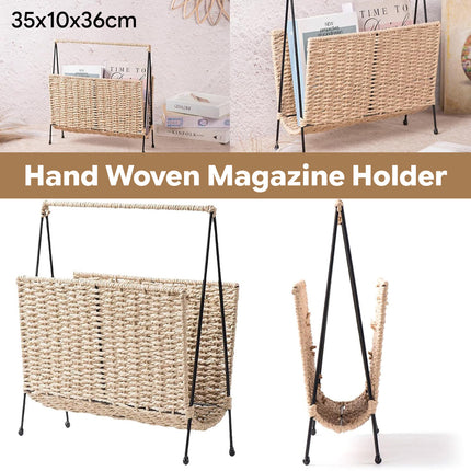 Hand Woven Magazine Rack 35x10x36cm Paper Rope Iron Frame for Living Room Office