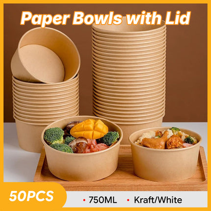 50PCS Disposable Round Paper Bowls 750ml Food-safe with Lid Takeout Soup Salad