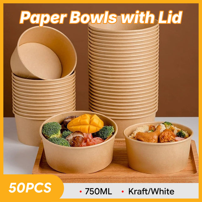 50PCS Disposable Round Paper Bowls 750ml Food-safe with Lid Takeout Soup Salad