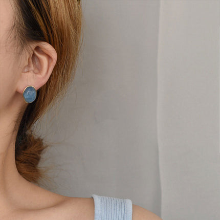 Geometric Blue Oil Drop Stud Earrings Retro Fashion Silver Needle Jewellery