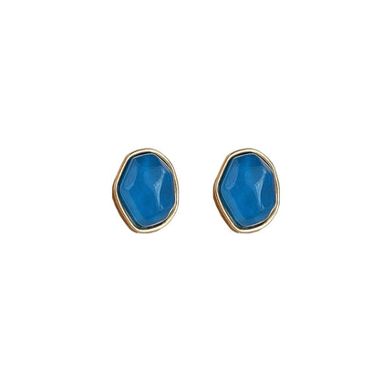 Geometric Blue Oil Drop Stud Earrings Retro Fashion Silver Needle Jewellery