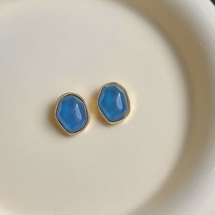 Geometric Blue Oil Drop Stud Earrings Retro Fashion Silver Needle Jewellery
