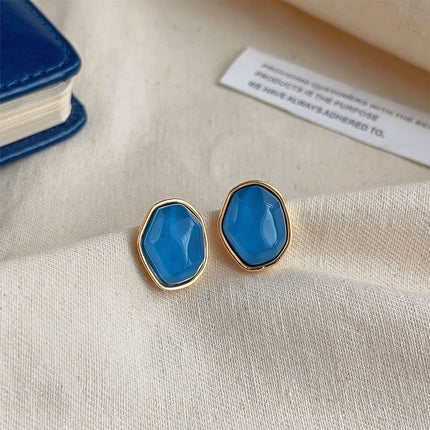 Geometric Blue Oil Drop Stud Earrings Retro Fashion Silver Needle Jewellery