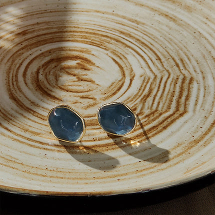 Geometric Blue Oil Drop Stud Earrings Retro Fashion Silver Needle Jewellery