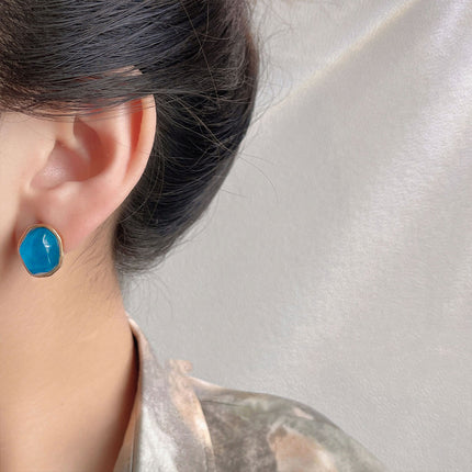 Geometric Blue Oil Drop Stud Earrings Retro Fashion Silver Needle Jewellery