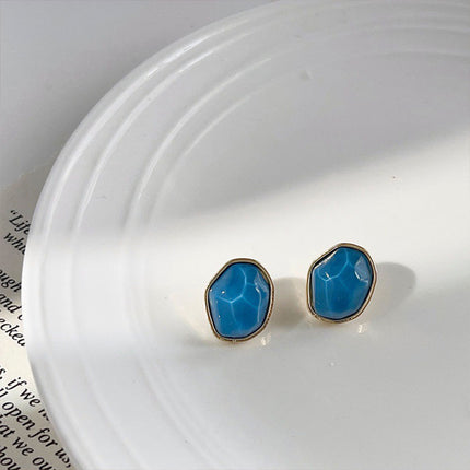 Geometric Blue Oil Drop Stud Earrings Retro Fashion Silver Needle Jewellery