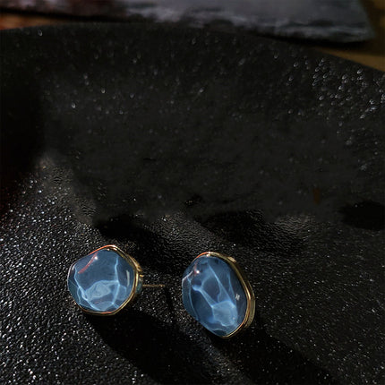 Geometric Blue Oil Drop Stud Earrings Retro Fashion Silver Needle Jewellery