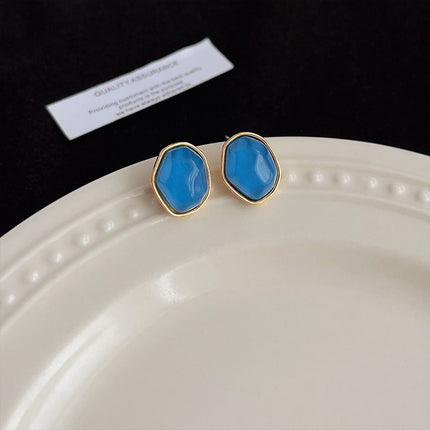 Geometric Blue Oil Drop Stud Earrings Retro Fashion Silver Needle Jewellery