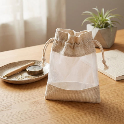 Linen Mesh Drawstring Bags 20 Pack 15x20.5cm Beige Brown