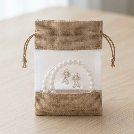 Linen Mesh Drawstring Bags 20 Pack 10x15.5cm Beige Brown