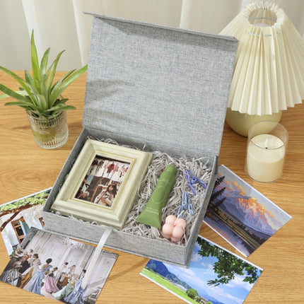 Linen Photo Storage Box 20x15x4cm Black Beige Grey