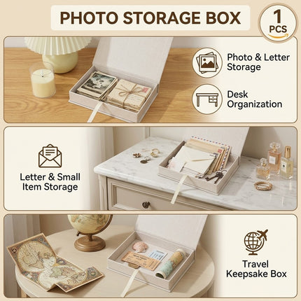 Linen Photo Storage Box 20x15x4cm Black Beige Grey