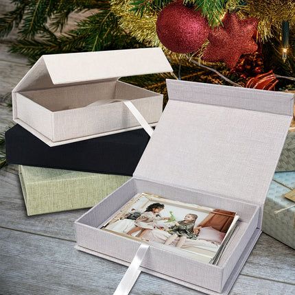 Linen Photo Storage Box 20x15x4cm Black Beige Grey