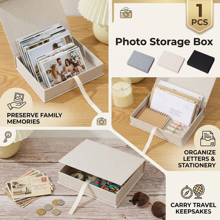 Linen Photo Storage Box 20x15x4cm Black Beige Grey