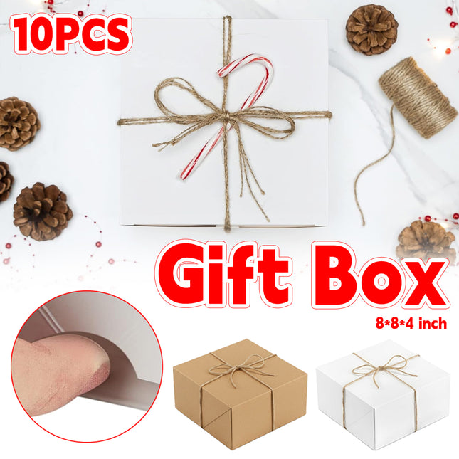 10Pcs Kraft Gift Boxes Set with Jute Rope 8x8x4 Inch Party Favour Packaging