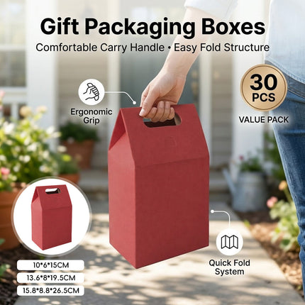Red Gable Gift Boxes 30 Pack Handle S M L 10 to 26.5cm