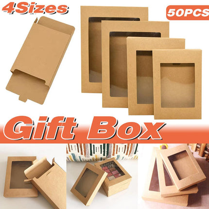 50PCS Kraft Paper Gift Boxes with PVC Window White Black Bakery Packaging Carton