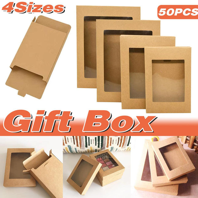 50PCS Kraft Paper Gift Boxes with PVC Window White Black Bakery Packaging Carton