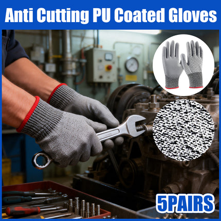 5 Pairs Cut Resistant Gloves PU Coated Safety Hand Protection for Kitchen Work